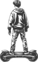 boy riding hoverboard with engraving style black color only vector