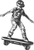 boy riding hoverboard with engraving style black color only vector