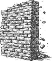 brick wall with engraving style black color only vector