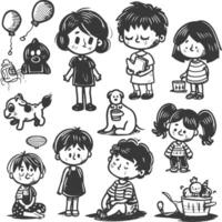 collection set hand drawn doodle cute kid with engraving style black color only vector