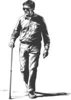 blind man walks with a cane with engraving style black color only vector