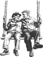 elderly couple sitting on a swing with engraving style black color only vector