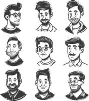 collection set hand drawn doodle cute man with engraving style black color only vector