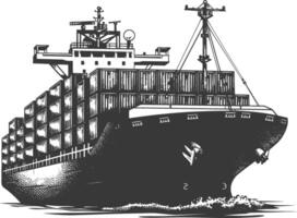 container ship with engraving style black color only vector
