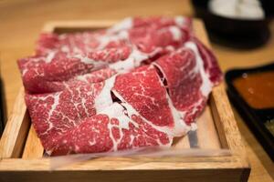 Quality wagyu beef slices placed in box photo