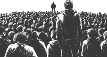 crowd audience with engraving style black color only vector
