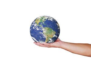 Hand Holding Earth Globe Against White Background Symbolizing Global Responsibility and Environmental Awareness photo