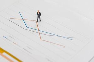 Miniature businessman thinking with the project for presenting investment concept on line graph. photo