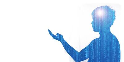 Silhouette of a Person with Digital Binary Code Overlay and Light Burst on White Background photo