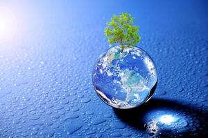 Earth Globe with Tree on Top Surrounded by Water Droplets on a Blue Background Representing Environmental Conservation photo