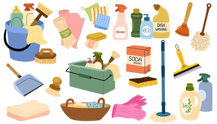 Cleaning supplies set. Home chemical detergent in bottles, household tools, equipment. Brush, mop and gloves, housework accessories. Flat graphic illustrations isolated on white background