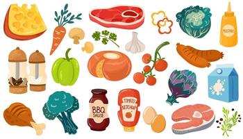 Products set. A set of fresh products. Various vegetables, a bottle of milk, fish, meat, ham, eggs, cheese, sauces. Flat illustrations isolated on a white background vector