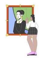Curvy latina woman looking at mona lisa painting 2D linear cartoon character. Hispanic female enjoying famous artwork isolated line person white background. Gallery color flat spot illustration vector
