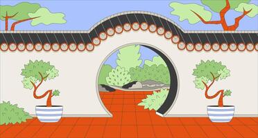 Chinese garden moon gate cartoon flat illustration. Traditional architectural arch at China 2D line landmark colorful background. Round entrance. Tourist attraction scene storytelling image vector