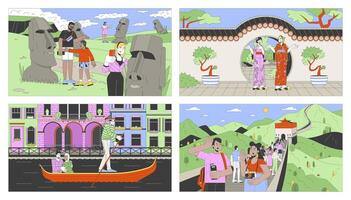 Landmarks sightseeing cartoon flat illustrations set. Foreign tourists multinational people 2D line characters colorful backgrounds collection. Tours and attractions scenes storytelling images vector