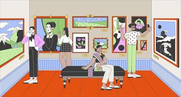 Art gallery visitors cartoon flat illustration. Multinational people enjoying famous paintings 2D line characters colorful background. Crowded museum with artworks scene storytelling image vector