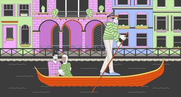 Gondola ride in Grand canal Venice cartoon flat illustration. Gondolier tourists mixed couple 2D line characters colorful background. Water transport in Italy scene storytelling image vector