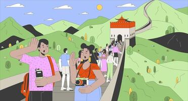 Tourists at Great Wall of China cartoon flat illustration. Multinational crowd on sightseeing tour 2D line characters colorful background. Visit famous attraction scene storytelling image vector