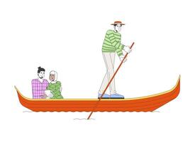 Venice gondolier rowing gondola with mixed race couple 2D linear cartoon characters. Italy travellers isolated line people white background. Honeymoon tourists color flat spot illustration vector