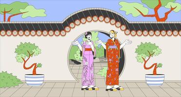 Japan female tourists in front of moon gate arch cartoon flat illustration. Foreigner kimono women 2D line characters colorful background. Traditional landmark scene storytelling image vector