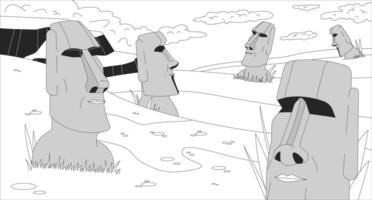 Easter island Moai statues black and white line illustration. Monolithic human figures of Chile Rapa Nui 2D landmark monochrome background. Mysterious world heritage outline scene image vector