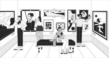 Art gallery visitors black and white line illustration. Multinational people enjoying famous paintings 2D characters monochrome background. Crowded museum with artworks outline scene image vector