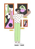 Hispanic man posing for selfie against famous paintings 2D linear cartoon character. Gen z latino guy isolated line person white background. Art gallery visitor color flat spot illustration vector