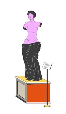 Greek female statue exhibit 2D linear cartoon object. Ancient Greece famous sculpture isolated line element white background. Venus Aphrodite on museum exhibition color flat spot illustration