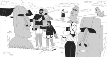 Tourists visit Easter island black and white line illustration. Diverse travelers taking s of Moai statues 2D characters monochrome background. Rapa nui national park outline scene image vector