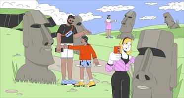 Tourists visit Easter island cartoon flat illustration. Diverse travelers taking s of Moai statues 2D line characters colorful background. Rapa nui national park scene storytelling image vector