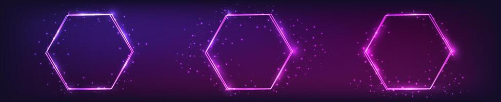 Neon double hexagon frame with shining effects vector