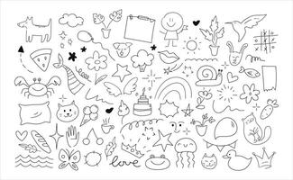 Childish doodle outline elements collection. Hand drawn animals, plants and objects in scribble style. illustration vector