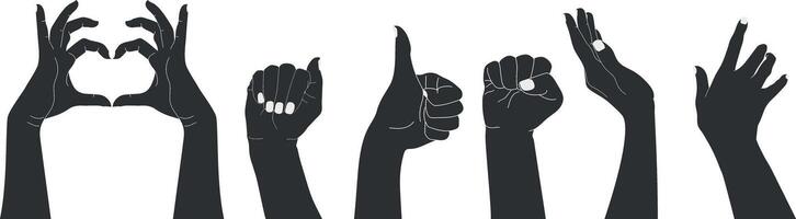 Set of raised human hands silhouettes with different gestures. Isolated on white background. illustration vector