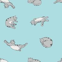 Cute sleepy grey cat seamless pattern. Grey tabby cat is sleeping in different poses. illustration vector