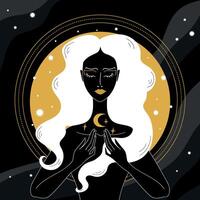 Mystical Sorceress or witch with stars and crescent on gold and black background. Witchcraft and magic illustration vector