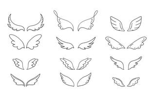 Collection of hand drawn wings in different shapes. Doodle wings collection. illustration vector