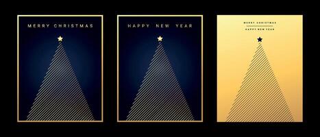 Christmas and New Year greeting cards with Christmas tree geometric shaped. Minimal design in dark blue and gold gradient colors. illustration vector