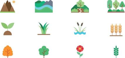 Nature icons set in flat style. Pack of bright icons of plants and landscape. illustration vector