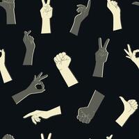 Seamless pattern of human hands with different gestures. Light and dark hand silhouettes on a black background. illustration vector