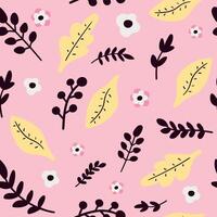 Seamless pattern of botanical elements in doodle style. Doodle flowers and leaves on pink background. illustration vector