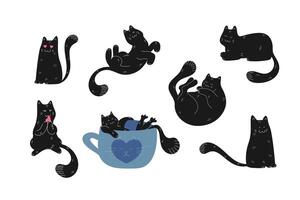 Hand drawn black cat set. Funny and cute cat is sleeping, relaxing in a tea cup, biting a heart, lying and sitting in different poses. illustration vector