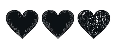 Set of hand drawn Heart templates decorated with botanical elements in boho style. Hearts with blank space and floral arrangement. illustration vector
