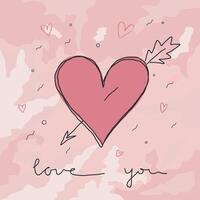 Valentines Day card with a casually drawn heart with an arrow on a textured background. The casually written phrase I love you. illustration vector
