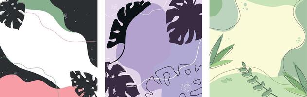 Set of hand drawn botanical backgrounds with lines and shapes and monstera plant leaves. Collection of backgrounds with plants. illustration vector