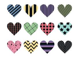 Heart icon set with various patterns. Dots, stripes, stars and square ornaments. Decoration elements for greeting and love cards isolated on white background. illustration vector