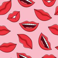 Hand drawn red lips and smile seamless pattern. Hand drawn women lips with red lipstick smiling and kissing. illustration vector