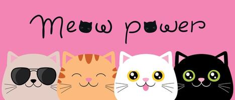 Collection of cat heads with handwriting Meow power. Cats with different color patterns. illustration vector