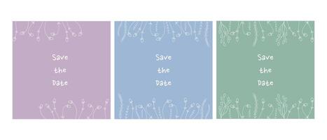 Set of minimalistic Save the date templates with hand drawn doodle botanical elements. illustration vector