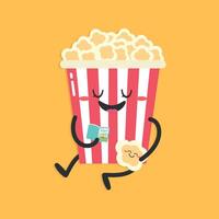 Cute cartoon popcorn character on yellow background. Popcorn reading a book to baby. Flat style. illustration vector