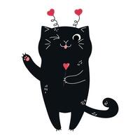 Cute hand drawn cat with a heart shaped lollipop is smiling with a tongue and winking. Valentines Day greeting card. illustration vector